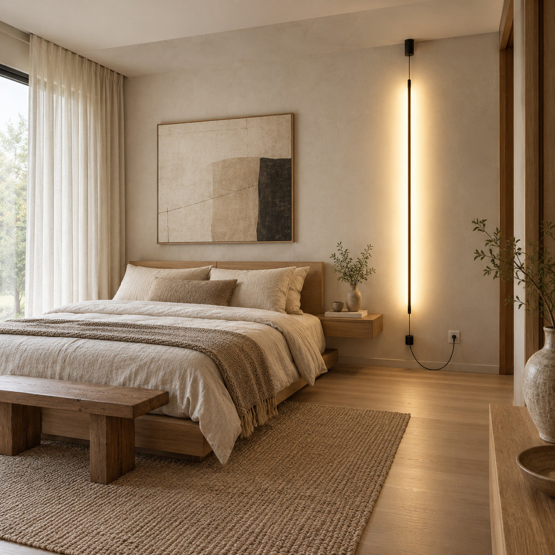Riga LED tube lamp beside the bed as a slim vertical bedside light