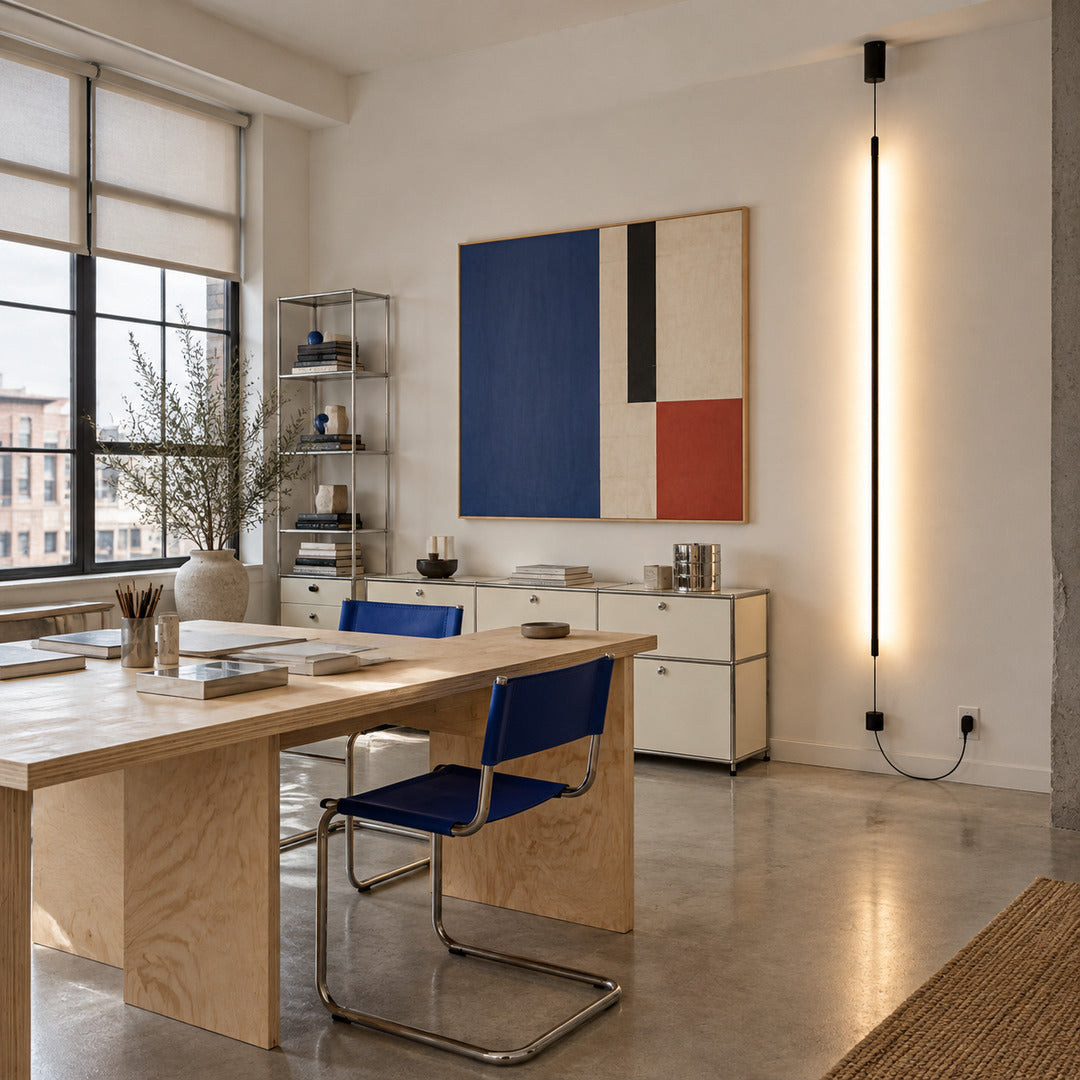 Black Riga floor to ceiling lamp against a concrete wall in an industrial loft