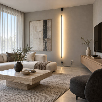 Riga floor to ceiling lamp drawing a warm vertical line behind a low sectional sofa