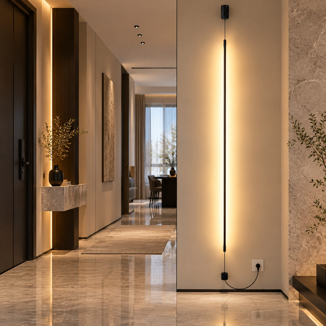 Row of Riga LED tube lamps lining a long hallway wall