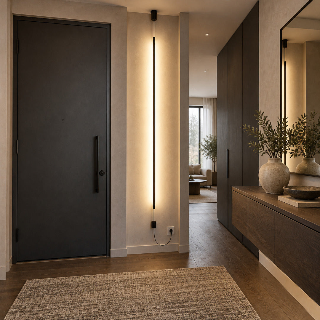 Riga floor to ceiling lamp beside an entryway console in a modern home