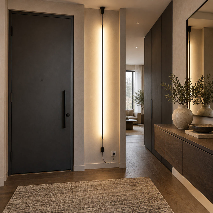 Riga floor to ceiling lamp beside an entryway console in a modern home