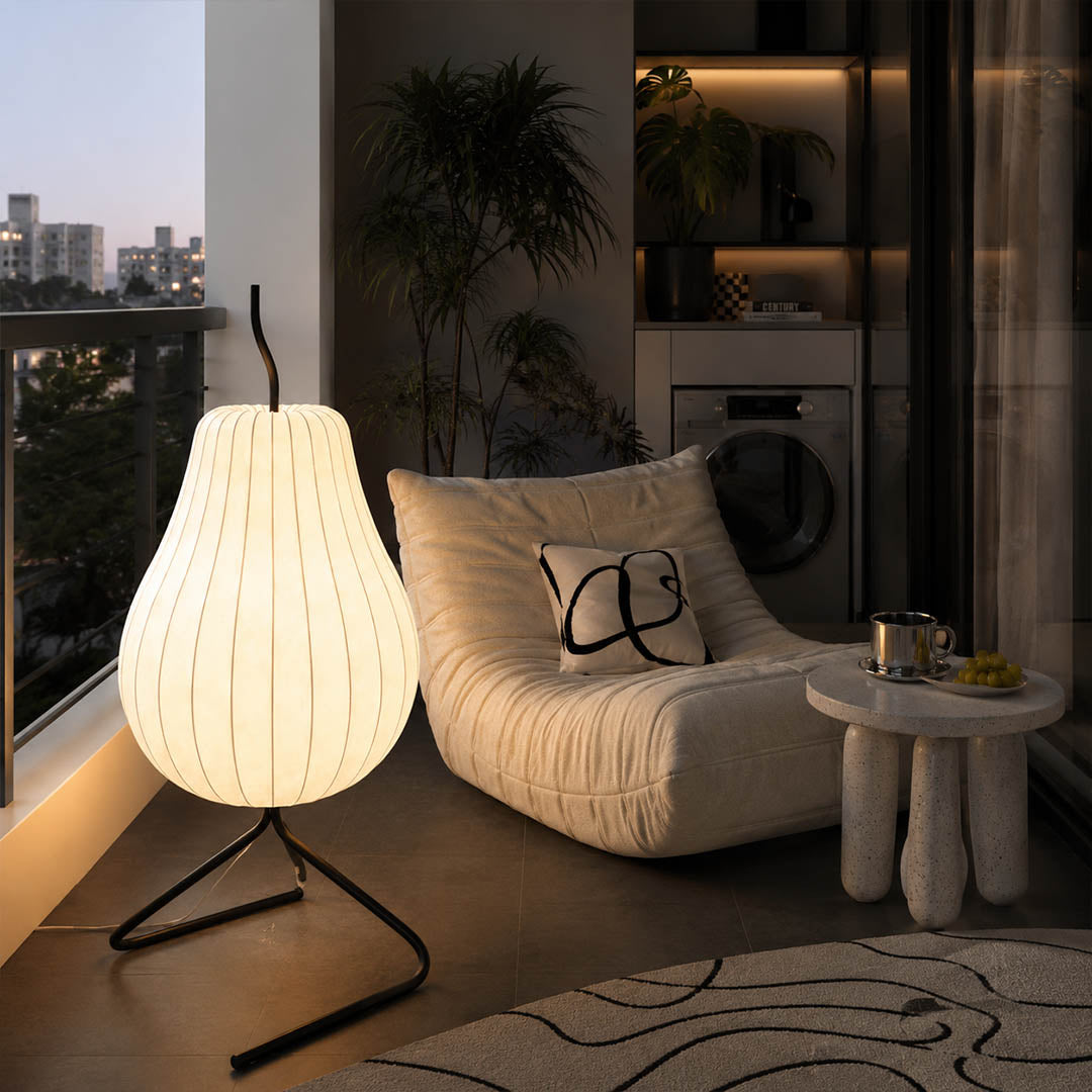 Rina silk pear floor lamp illuminated warm 2700K glow evening atmospheric silk shade translucent soft ambient serene detail close up bedside