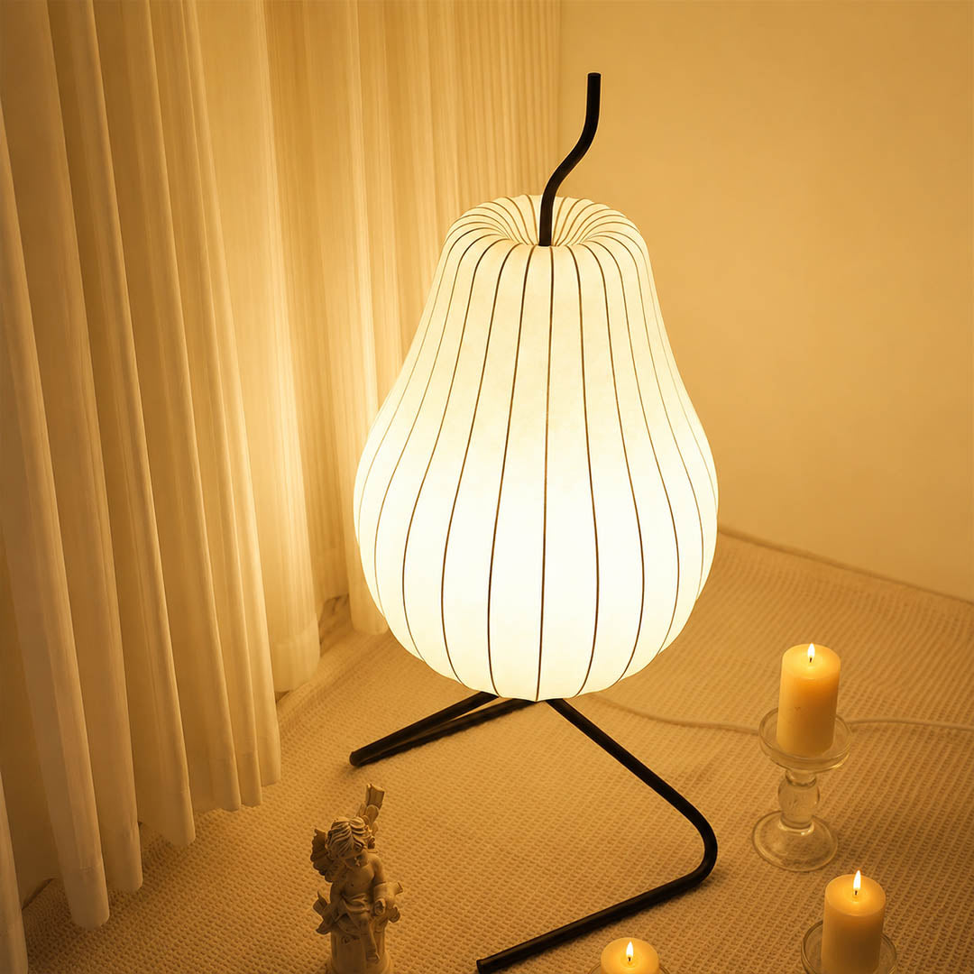 Rina silk pear table-height floor lamp Scandinavian living room corner white oak linen minimalist warm ambient soft glow lifestyle interior