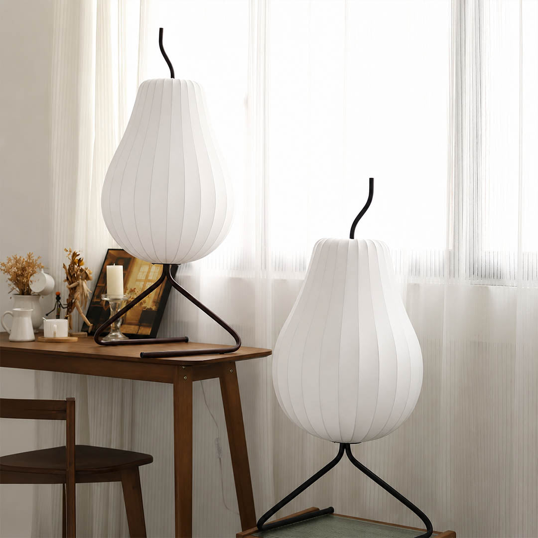 Rina silk pear table-height floor lamp Wabi-Sabi reading nook armchair natural wood ceramic soft warm ambient serene lifestyle interior