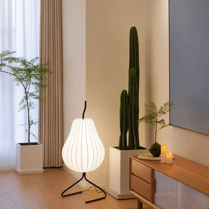 Rina silk pear table-height floor lamp Scandinavian living room corner white oak linen minimalist warm ambient soft glow lifestyle interior