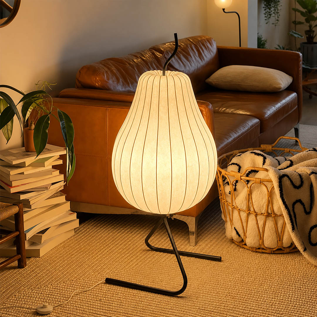 Rina silk pear table-height floor lamp sofa side living room minimalist compact soft ambient warm glow evening reading lifestyle interior modern