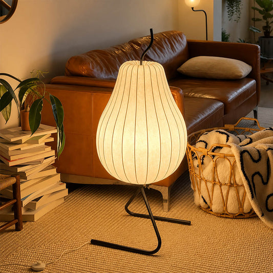 Rina silk pear table-height floor lamp sofa side living room minimalist compact soft ambient warm glow evening reading lifestyle interior modern