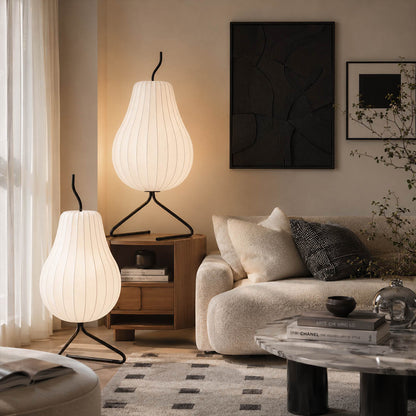 Rina silk pear table-height floor lamp Scandinavian living room corner white oak linen minimalist warm ambient soft glow lifestyle interior