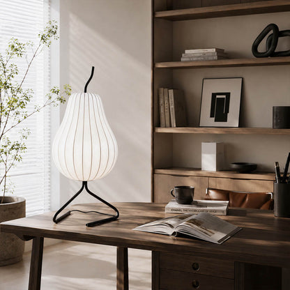 Rina silk pear table-height floor lamp Wabi-Sabi reading nook armchair natural wood ceramic soft warm ambient serene lifestyle interior