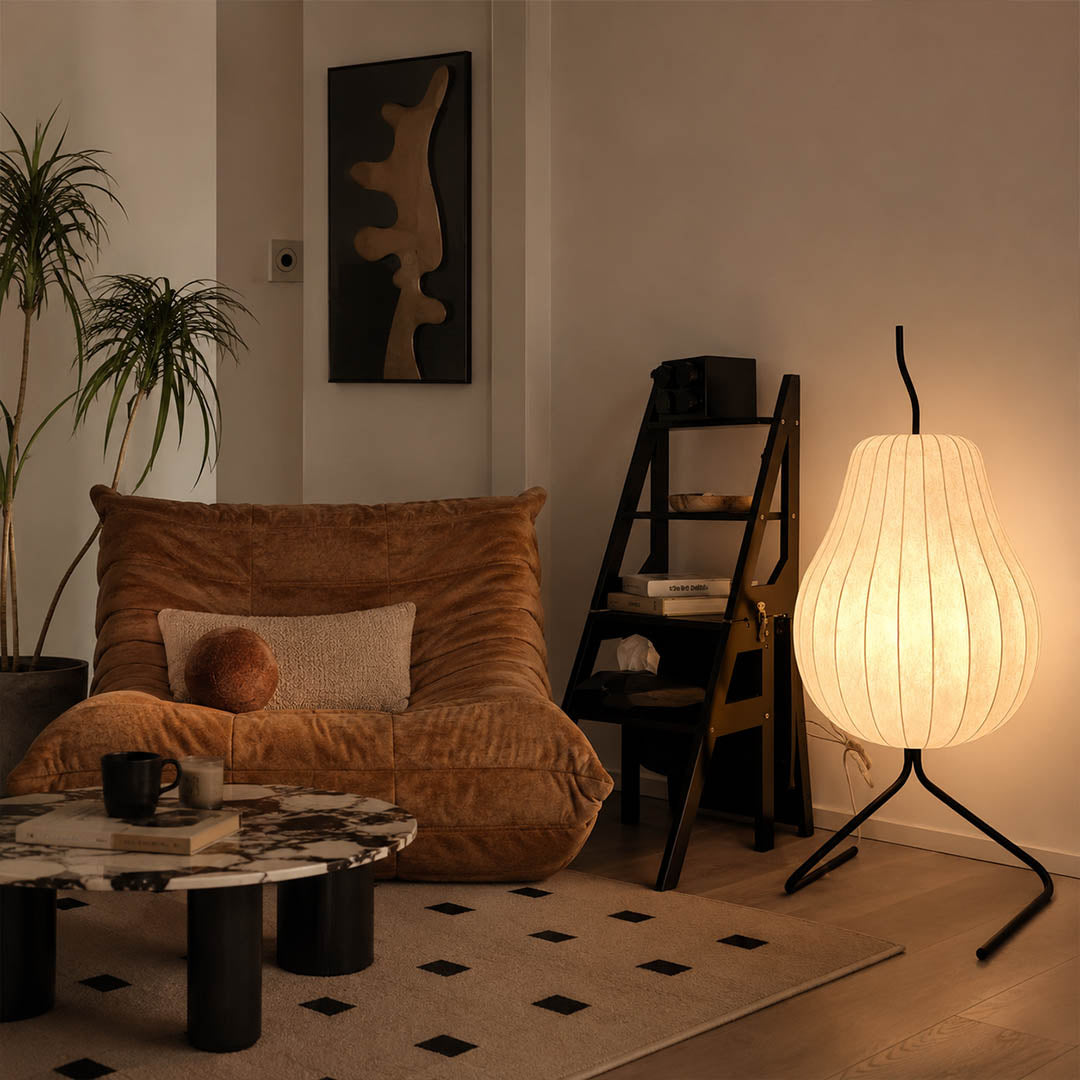 Rina silk pear table-height floor lamp Wabi-Sabi reading nook armchair natural wood ceramic soft warm ambient serene lifestyle interior