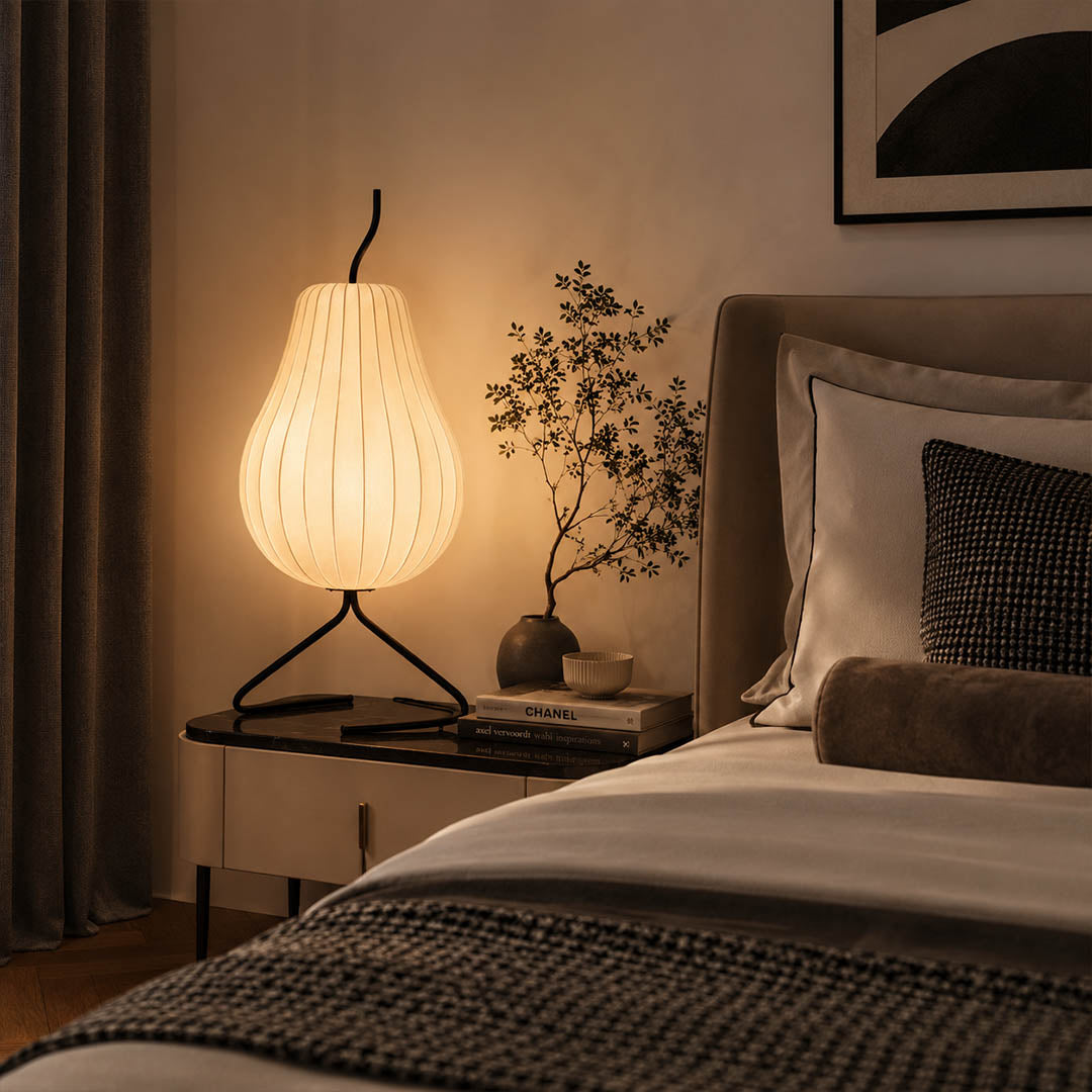 Rina silk pear table-height floor lamp Japandi bedroom bedside linen oak minimalist alternative table lamp warm ambient serene lifestyle interior