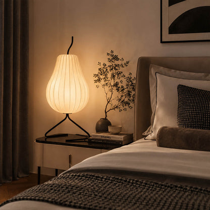 Rina silk pear table-height floor lamp Japandi bedroom bedside linen oak minimalist alternative table lamp warm ambient serene lifestyle interior