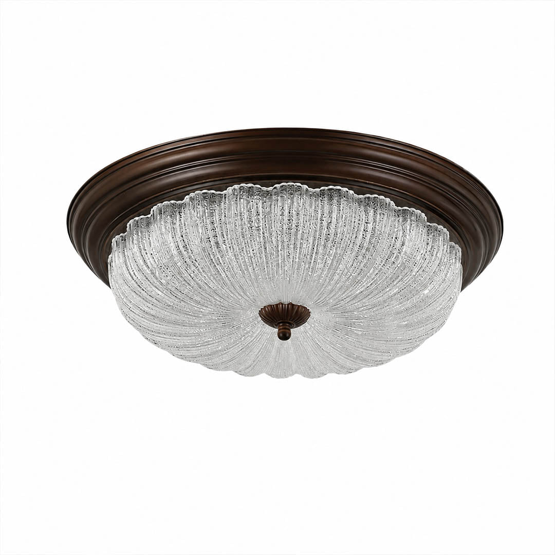 Rivella ceiling light rippled glass round flush mount metal frame American vintage white background front view