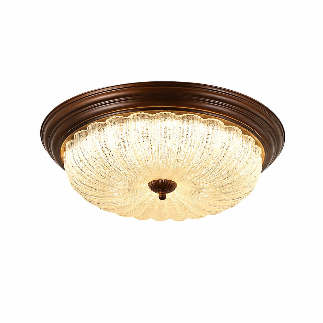 Rivella ceiling light illuminated warm 3000K glow rippled glass diffused soft even flush mount white background