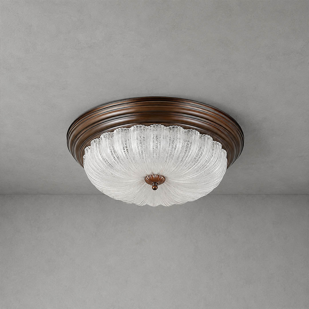 Rivella ceiling light large rippled glass round flush mount metal American vintage statement white background front view
