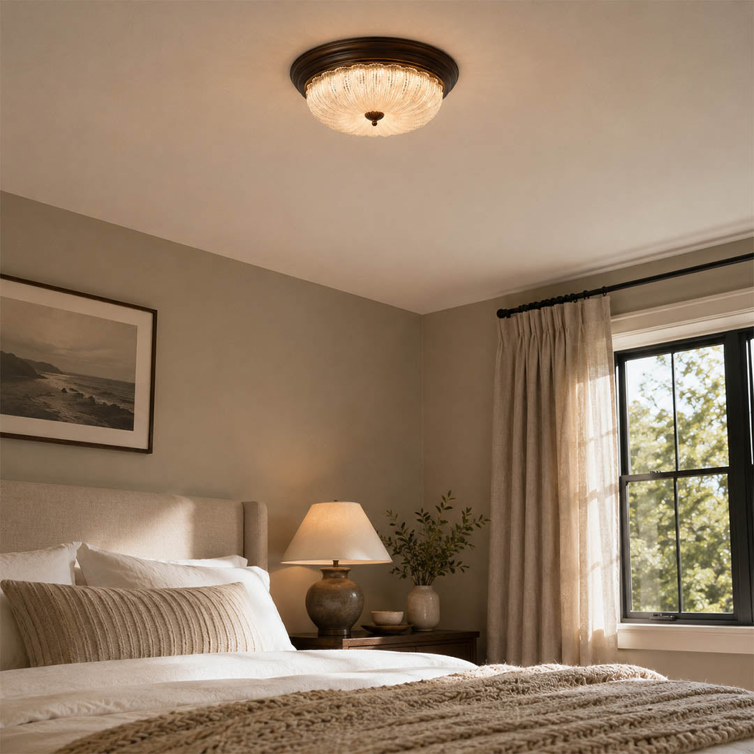 Rivella ceiling light bedroom flush mount rippled glass warm vintage soft glow low profile American home lifestyle interior