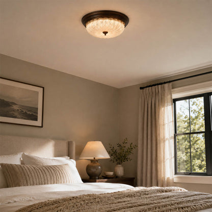 Rivella ceiling light bedroom flush mount rippled glass warm vintage soft glow low profile American home lifestyle interior