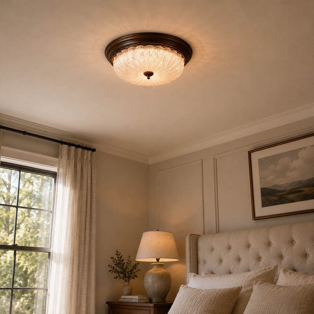Rivella ceiling light bedroom flush mount rippled glass warm vintage soft glow low profile American home lifestyle interior