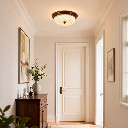 Rivella ceiling light entryway foyer coat closet flush mount rippled glass bright vintage American home lifestyle interior