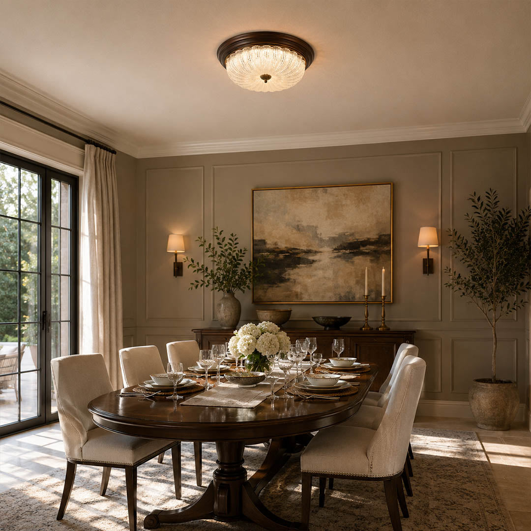 Rivella ceiling light dining room flush mount rippled glass vintage warm inviting refined American home lifestyle interior
