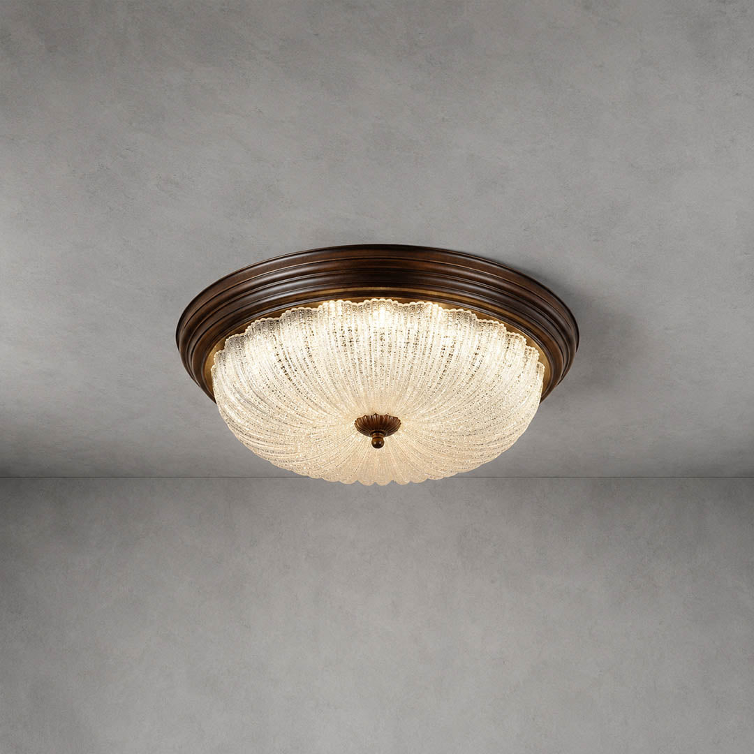 Rivella ceiling light rippled glass round flush mount metal frame American vintage white background front view