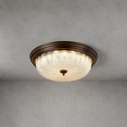 Rivella ceiling light rippled glass round flush mount metal frame American vintage white background front view