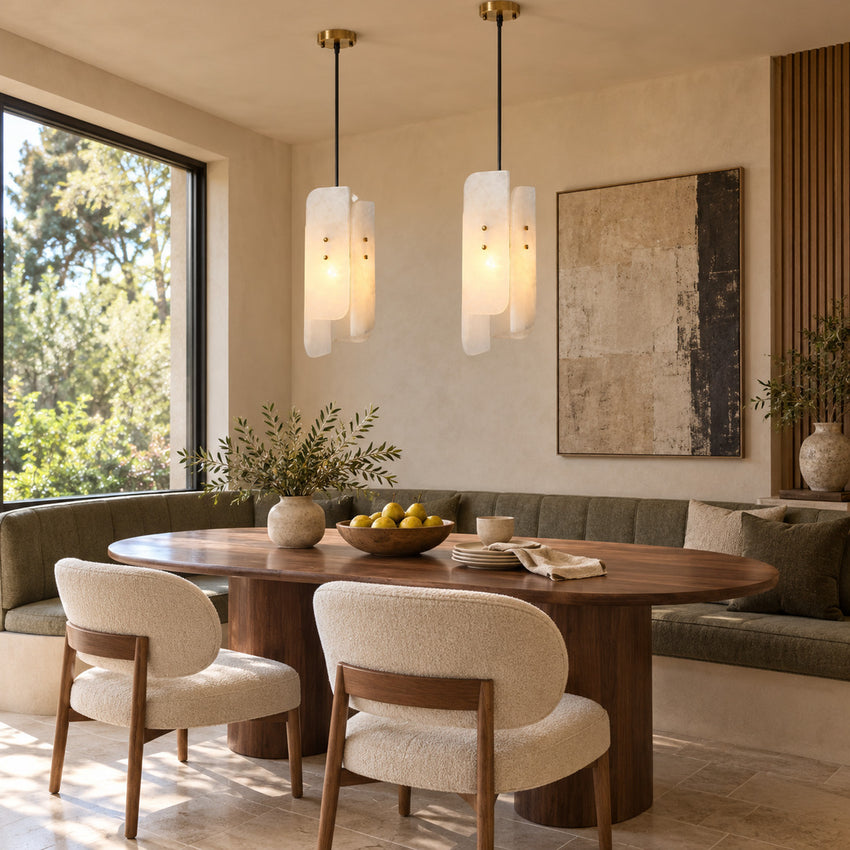 Pair of Roccia alabaster pendants above a breakfast bar