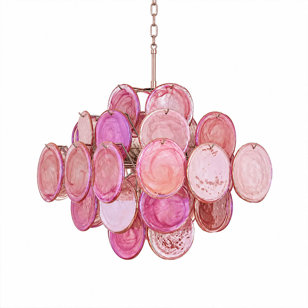 Rosalia pink iridescent Murano glass disc chandelier 20 inch nickel silver frame hand blown Italian layered formation swirling romance elegance Hollywood Regency white background