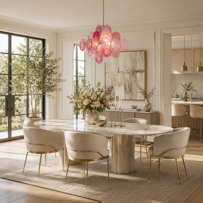Rosalia pink iridescent Murano disc chandelier modern French feminine dining room white marble cane back chairs romantic warm glow lifestyle interior