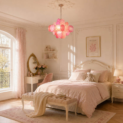 Rosalia pink iridescent Murano disc chandelier primary master bedroom romantic modern French feminine linen velvet warm romantic glow lifestyle interior