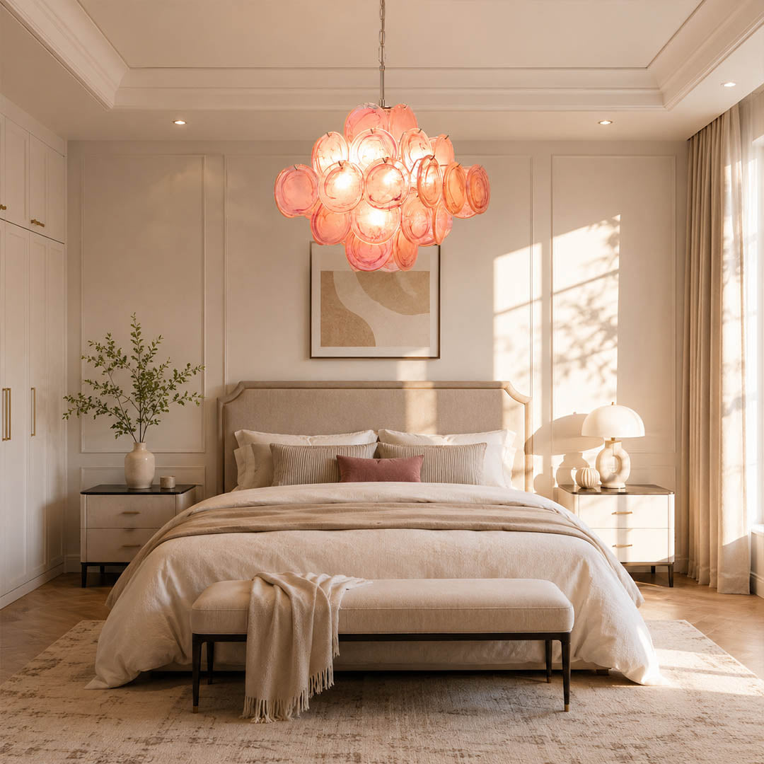 Rosalia pink iridescent Murano disc chandelier primary master bedroom romantic modern French feminine linen velvet warm romantic glow lifestyle interior