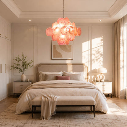 Rosalia pink iridescent Murano disc chandelier primary master bedroom romantic modern French feminine linen velvet warm romantic glow lifestyle interior