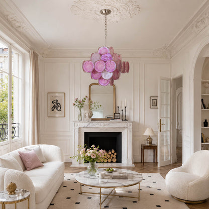 Rosalia pink iridescent Murano disc chandelier Hollywood Regency living room vintage glamour accent fluted velvet lacquered surfaces brass warm glow lifestyle interior