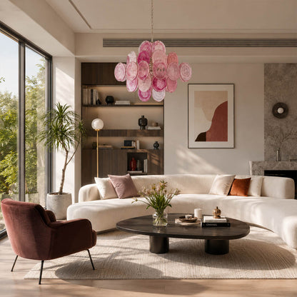 Rosalia pink iridescent Murano disc chandelier Hollywood Regency living room vintage glamour accent fluted velvet lacquered surfaces brass warm glow lifestyle interior