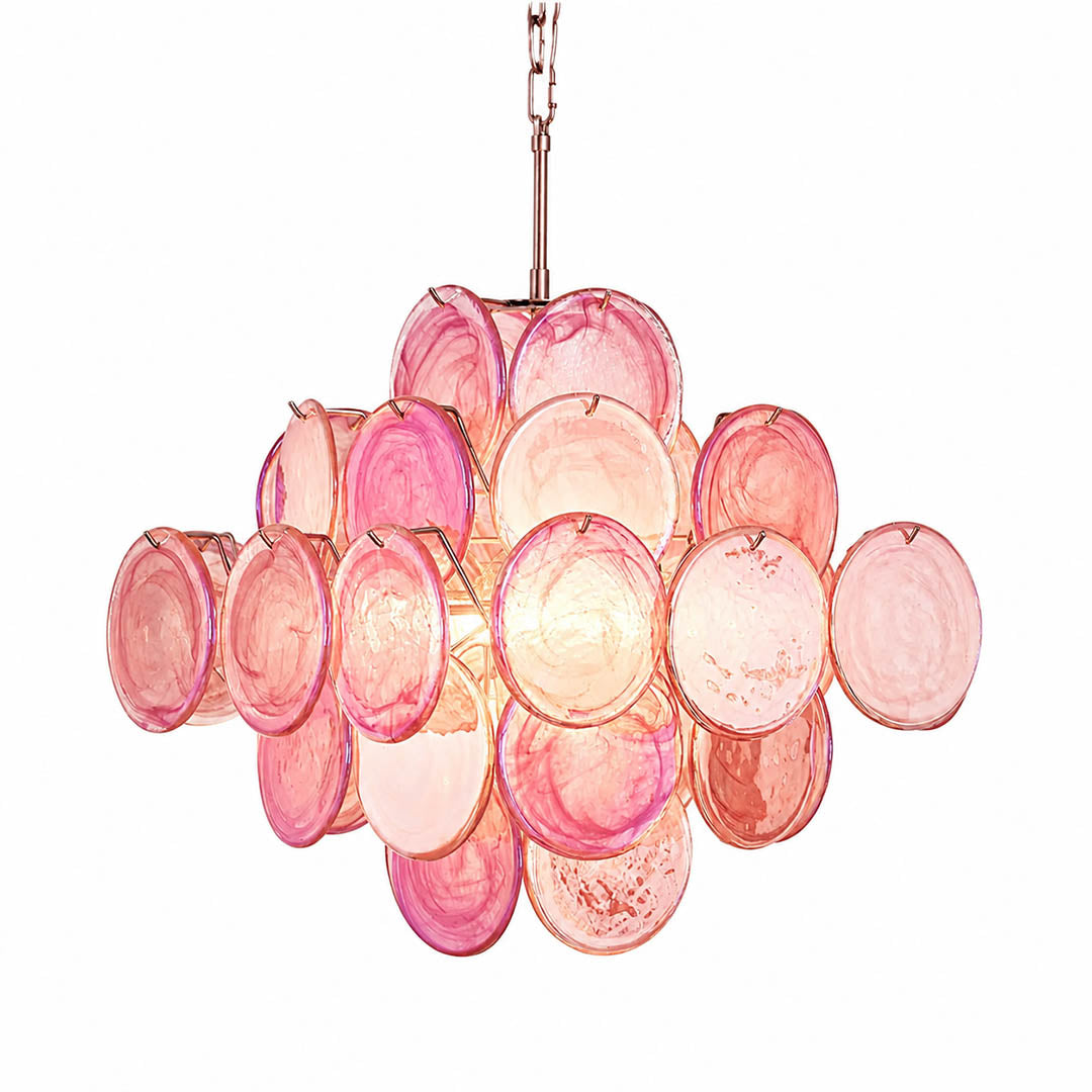 Rosalia pink iridescent Murano glass disc chandelier side view angle detail nickel silver frame hand blown Italian romance elegance white background