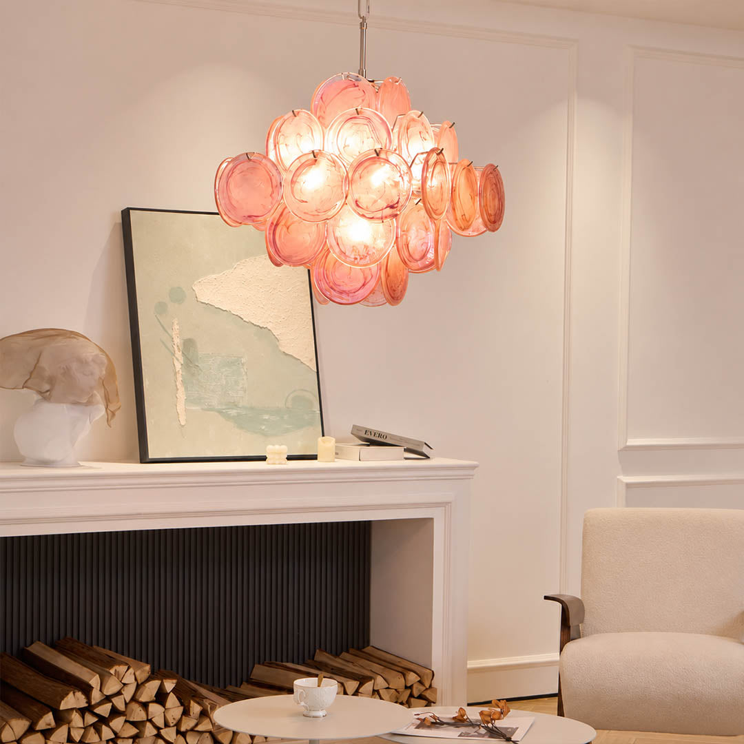 Rosalia pink iridescent Murano disc chandelier small entry foyer modern French romantic feminine welcoming warm glow lifestyle interior