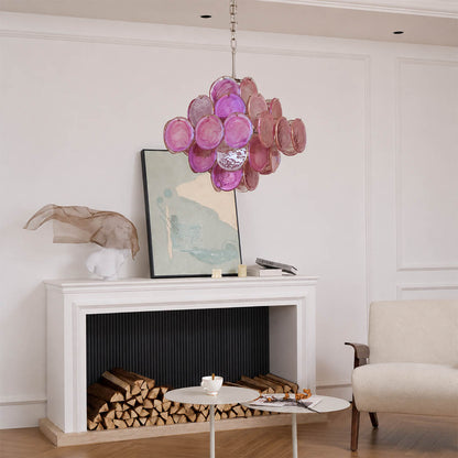 Rosalia pink iridescent Murano disc chandelier small entry foyer modern French romantic feminine welcoming warm glow lifestyle interior