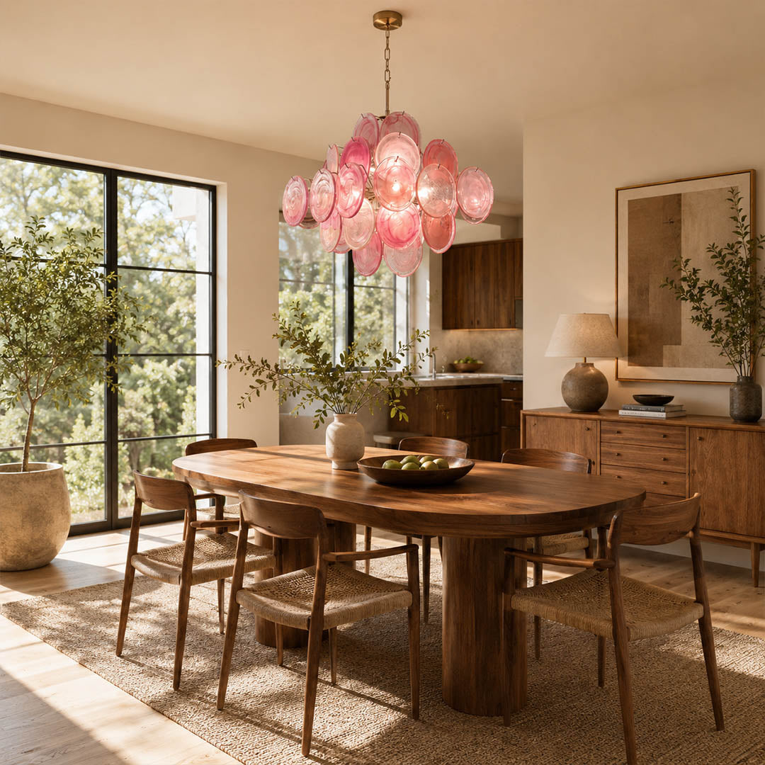 Rosalia pink iridescent Murano disc chandelier modern French feminine dining room white marble cane back chairs romantic warm glow lifestyle interior