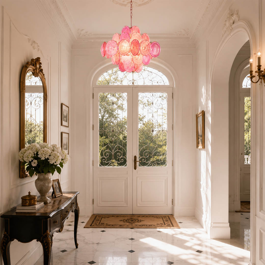 Rosalia pink iridescent Murano disc chandelier small entry foyer modern French romantic feminine welcoming warm glow lifestyle interior