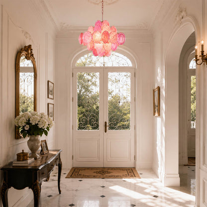 Rosalia pink iridescent Murano disc chandelier small entry foyer modern French romantic feminine welcoming warm glow lifestyle interior