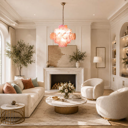 Rosalia pink iridescent Murano disc chandelier Hollywood Regency living room vintage glamour accent fluted velvet lacquered surfaces brass warm glow lifestyle interior
