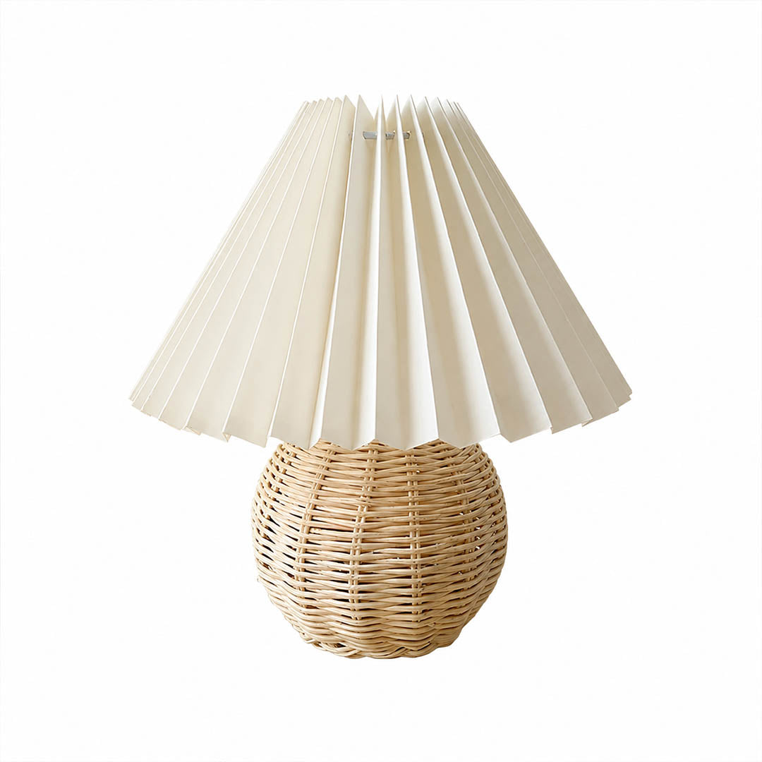 Rovana pleated rattan table lamp white shade natural rattan woven pleated modern wabi sabi white background front view