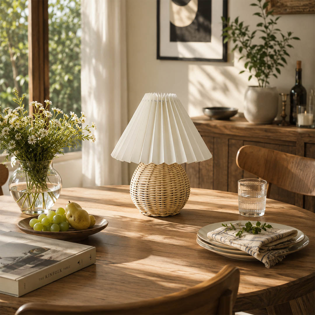 Rovana pleated rattan table lamp dining room console rattan woven warm welcoming natural American home lifestyle interior styled