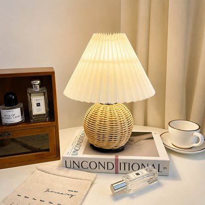 Rovana pleated rattan table lamp desk reading nook rattan woven warm glow natural japandi American home lifestyle interior