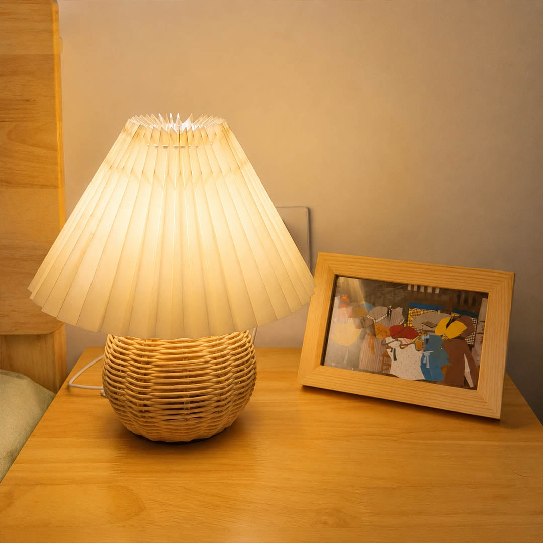 Rovana pleated rattan table lamp bedroom nightstand bedside warm glow rattan woven cozy wabi sabi American home lifestyle interior styled