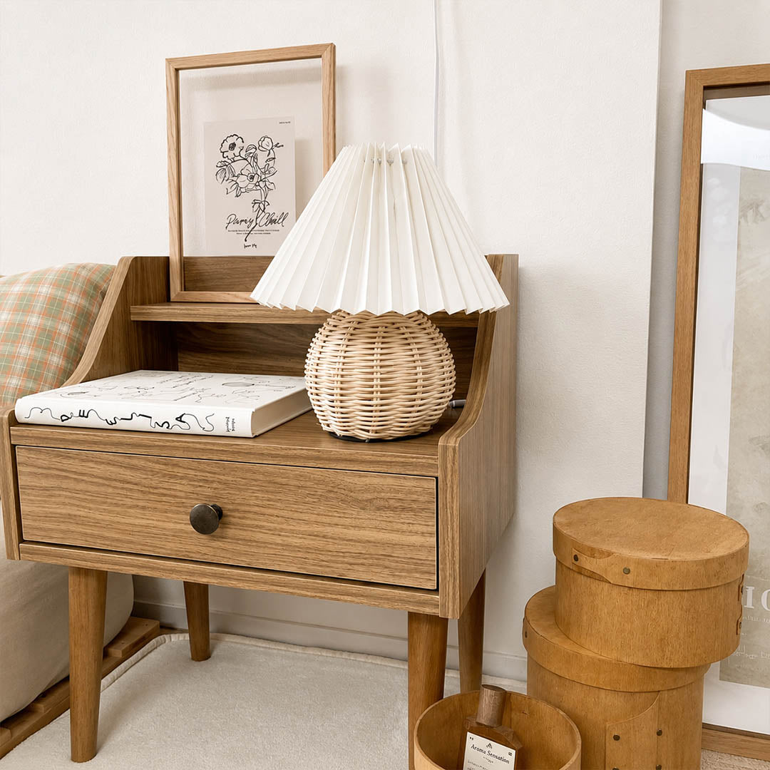 Rovana pleated rattan table lamp farmhouse bedroom rattan woven warm cozy natural American home lifestyle interior styled