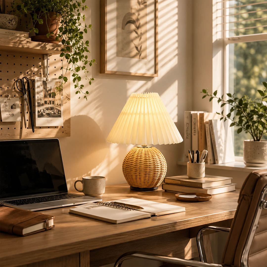 Rovana pleated rattan table lamp desk reading nook rattan woven warm glow natural japandi American home lifestyle interior