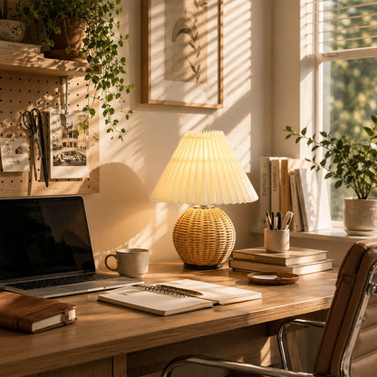 Rovana pleated rattan table lamp desk reading nook rattan woven warm glow natural japandi American home lifestyle interior