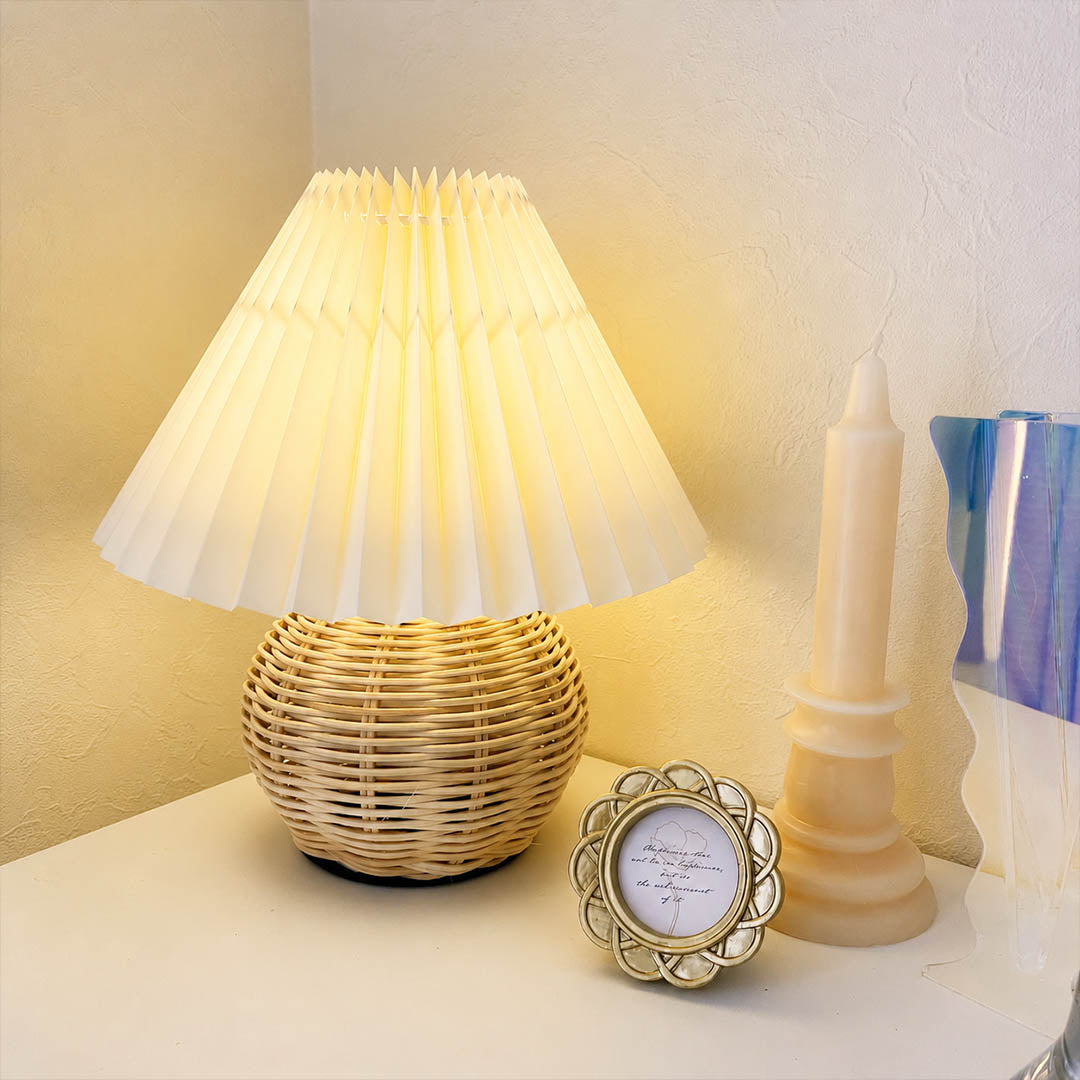 Rovana pleated rattan table lamp desk reading nook rattan woven warm glow natural japandi American home lifestyle interior